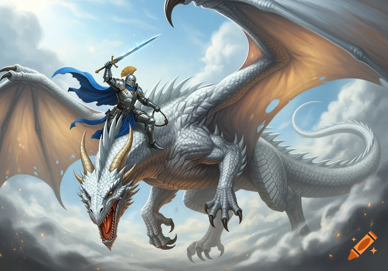 A knight in shining armor with a blue cape and glowing sword rides on the back of a huge white dragon flying through a cloudy sky.