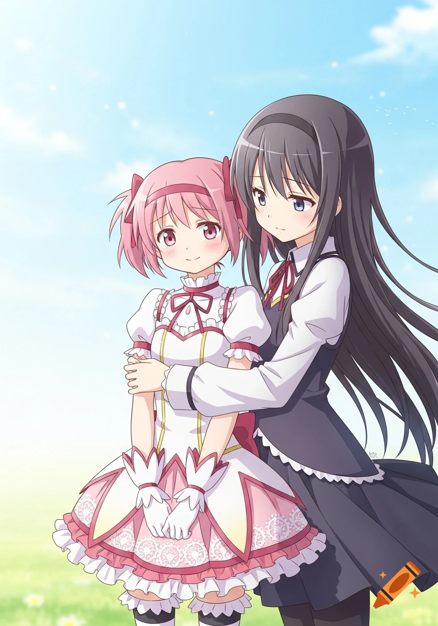 Anime artwork of Madoka (pink hair, white and pink dress) being hugged from behind by Homura (black hair, dark dress) in a grassy field.