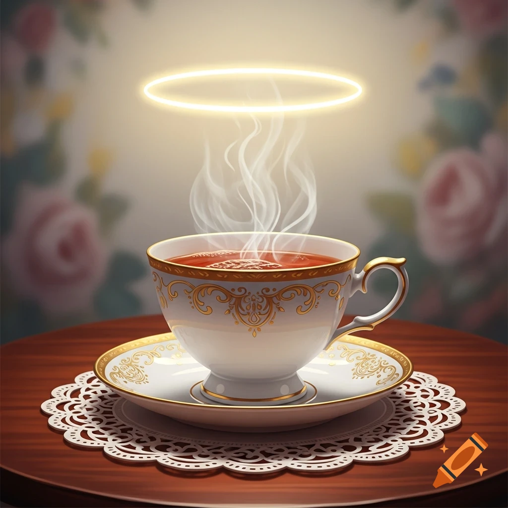 A teacup of steaming tea with a golden halo above it, on a wooden table with a white lace doily and blurred floral background.