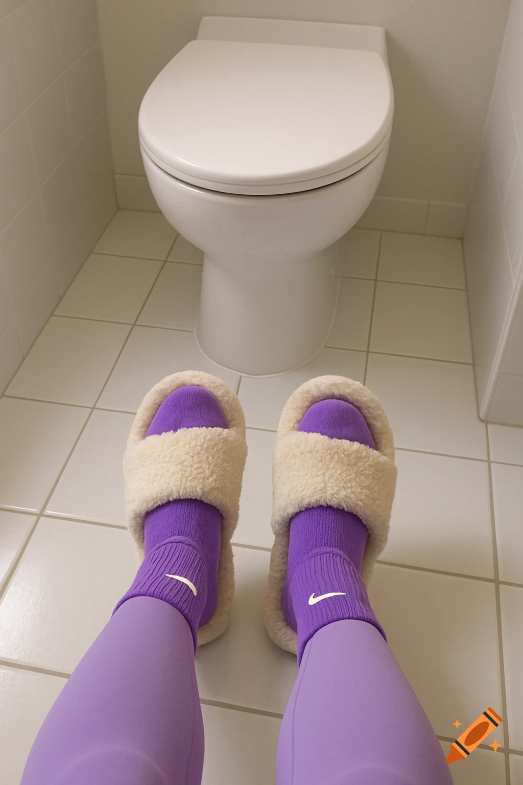 First-person view of legs in purple leggings and Nike socks, wearing fluffy slippers, standing in front of a white toilet in a tiled bathroom.