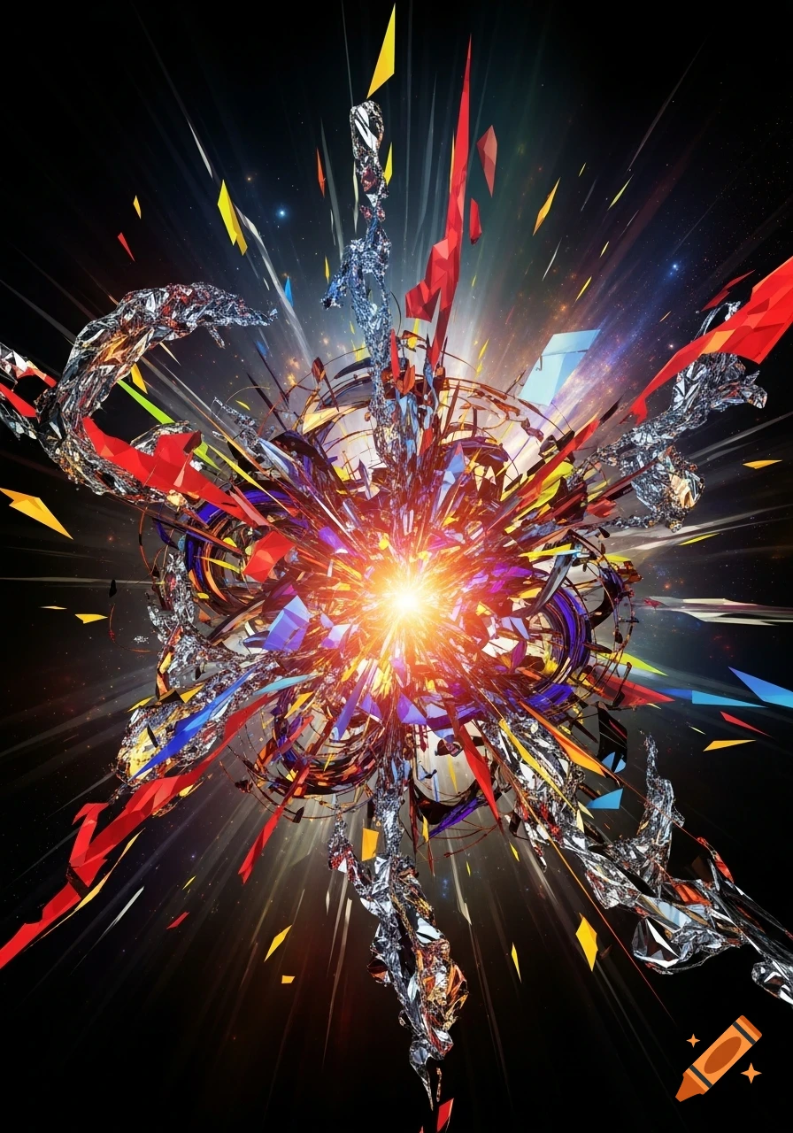 A vibrant abstract explosion of colorful shards and metallic elements radiating from a bright central light against a dark background.