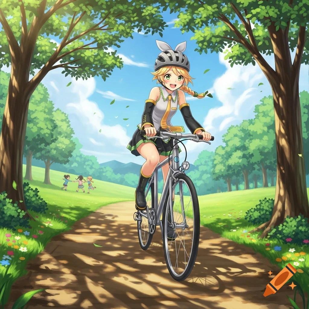 Anime girl Kagamine Rin rides a bike down a sunny park path, wearing a helmet. Other children play in the background.