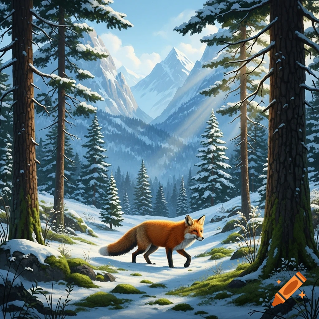 A red fox walks through a snowy pine forest with sunbeams and towering mountains in the background, illustrated style.