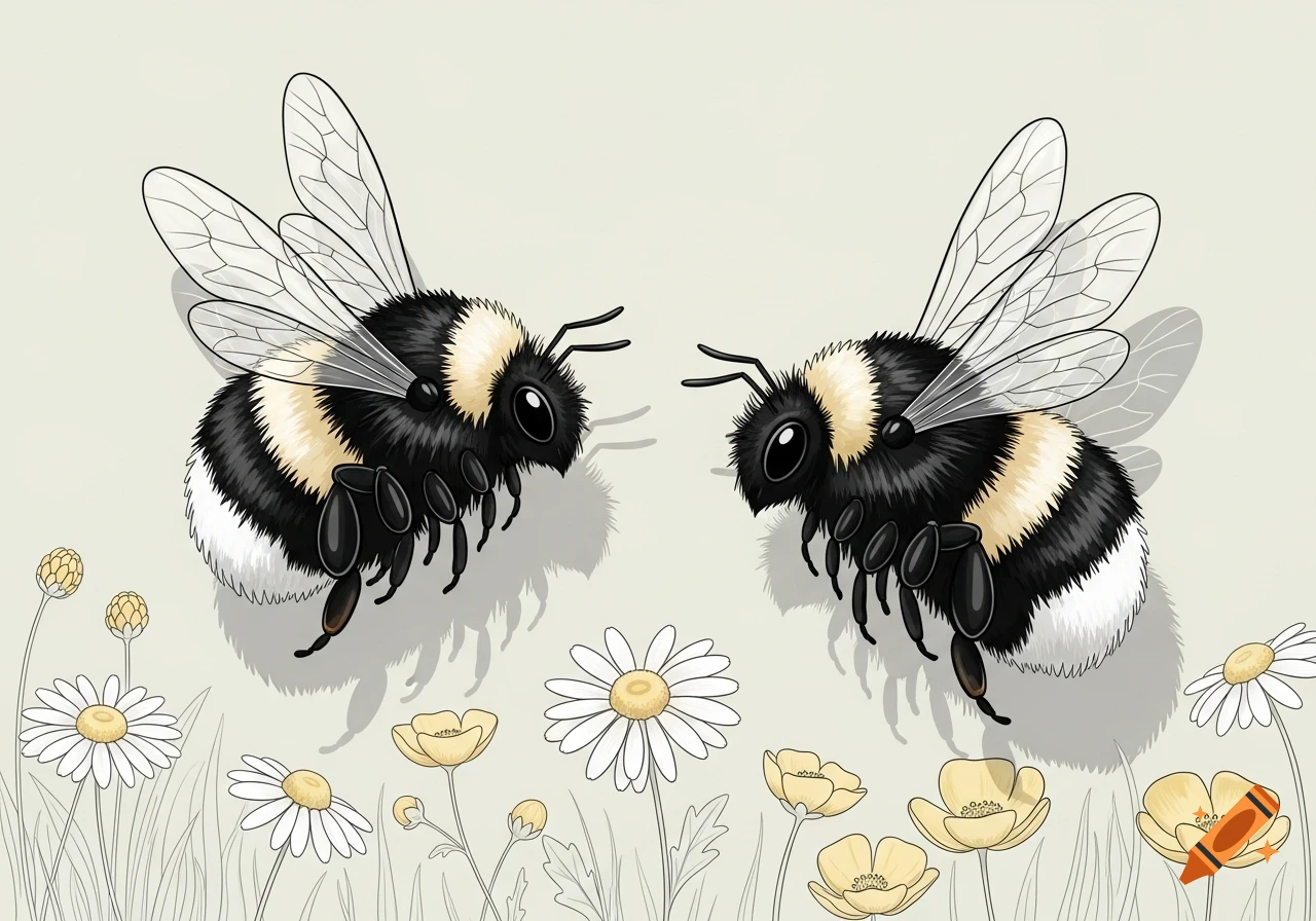 Two cute cartoon bumblebees hover over white and yellow flowers in a clip art style.