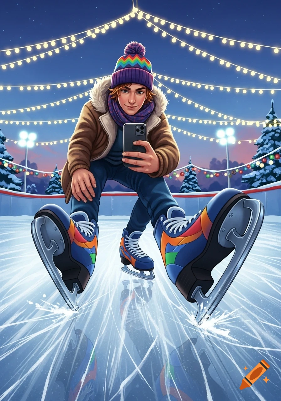 Illustration of a person in winter clothes taking a selfie of their colorful ice skates on a rink with string lights.
