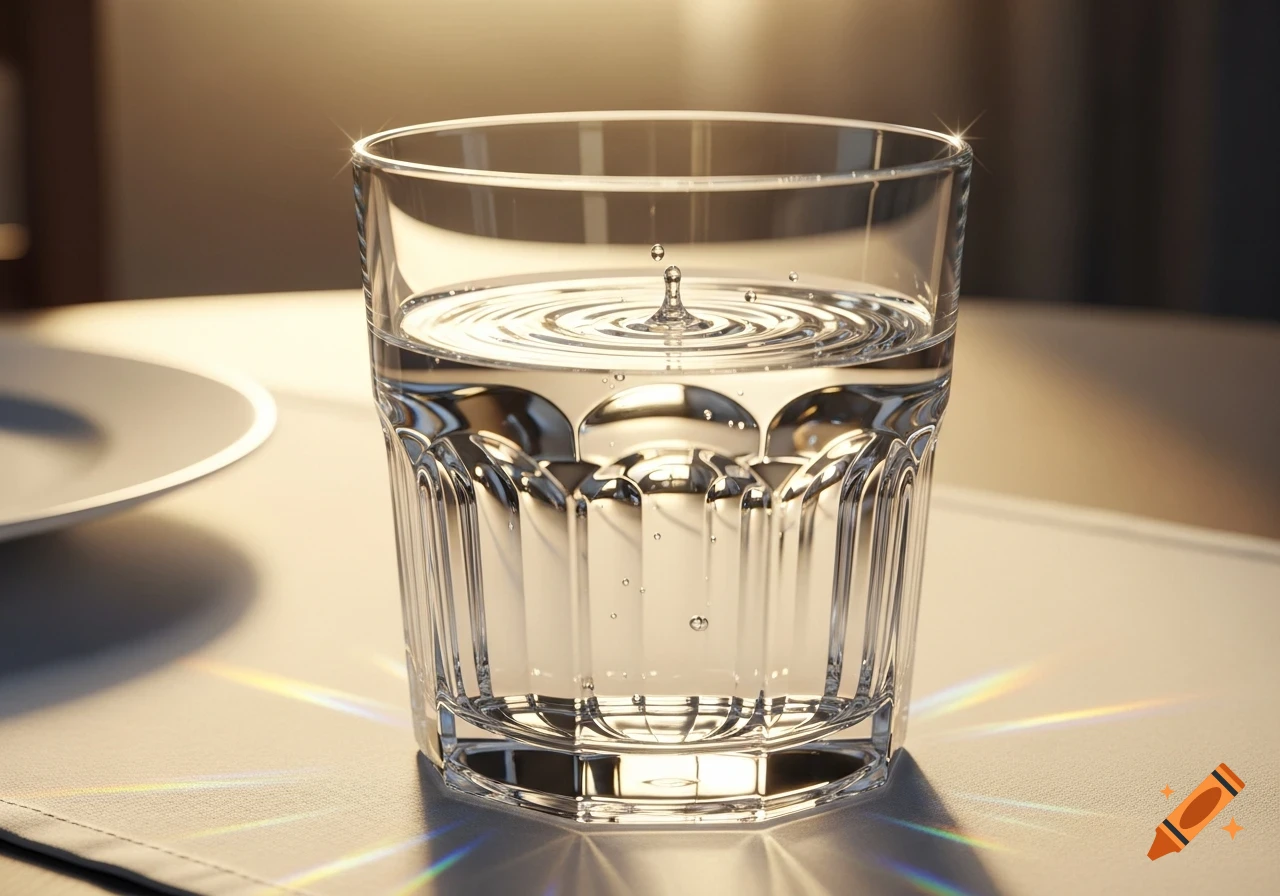 A clear glass of water with a droplet making ripples, warm sunlight creating colorful refractions on a table.