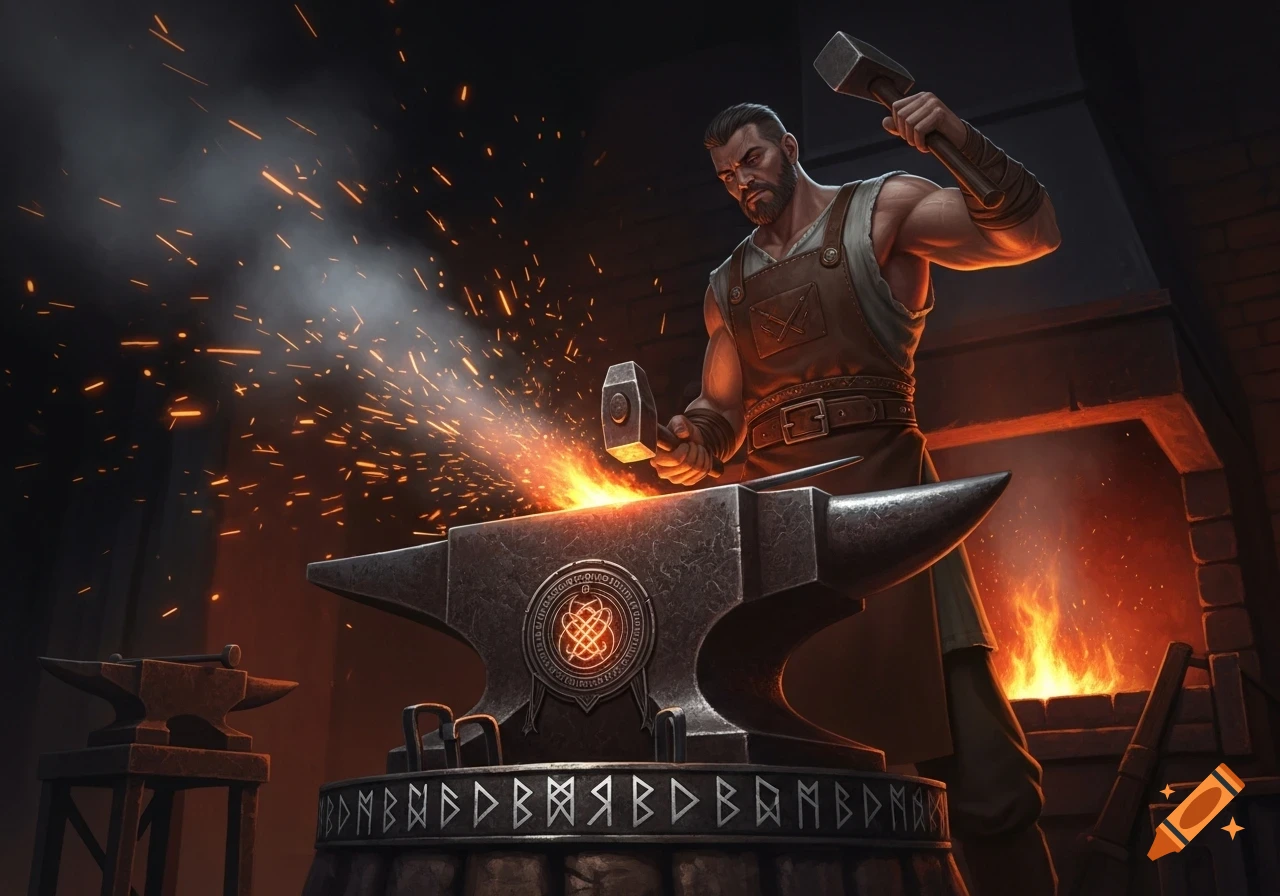 A muscular blacksmith hammers glowing metal on a decorated anvil, sending sparks flying in a dark fantasy forge, digital art.