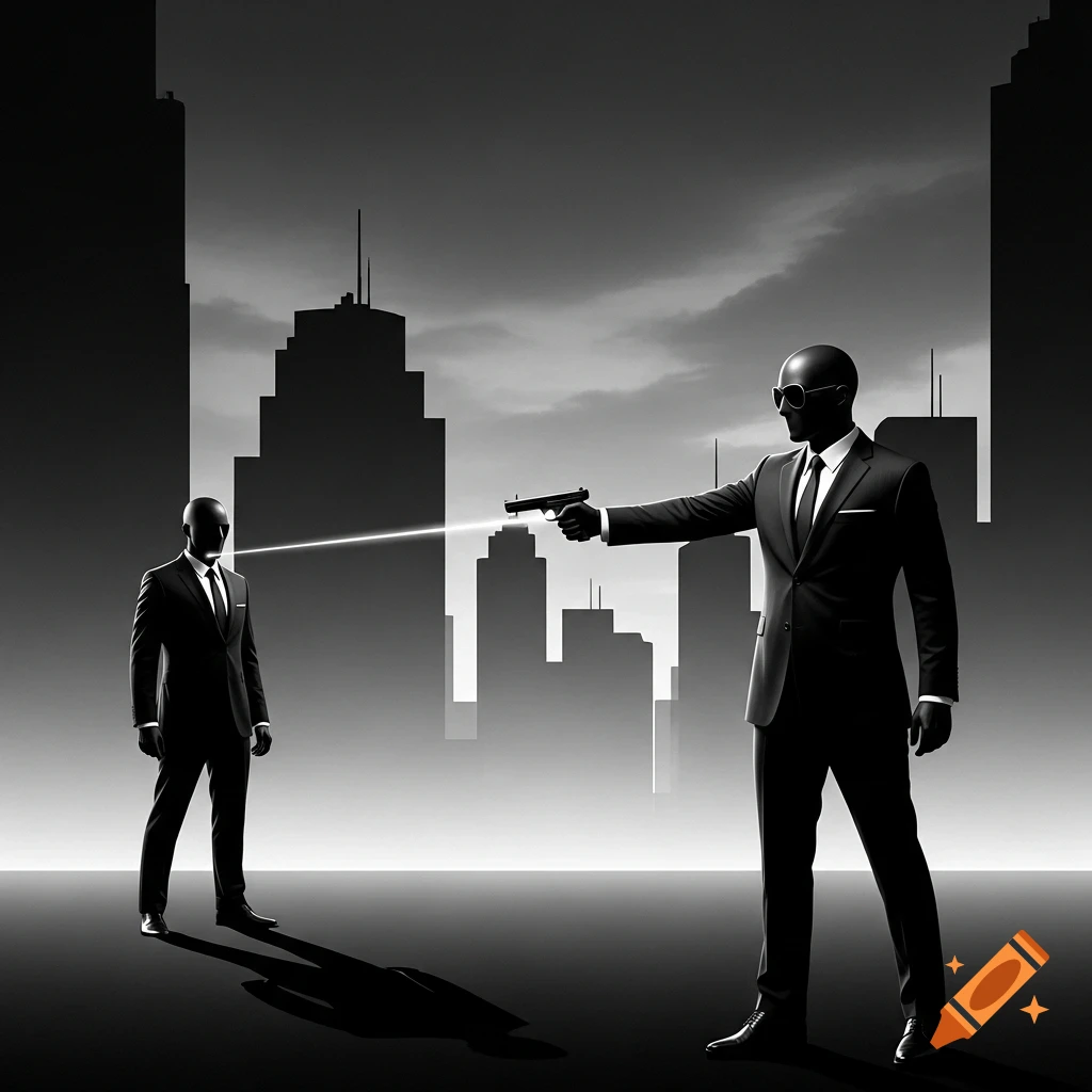 A black and white image of two faceless spies in suits; one points a laser-sighted gun at the other, set against a city skyline.