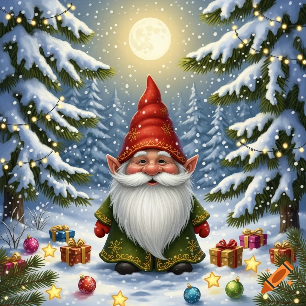 A happy gnome in a red hat and green coat stands in a snowy Christmas forest under a full moon, surrounded by gifts and decorations.