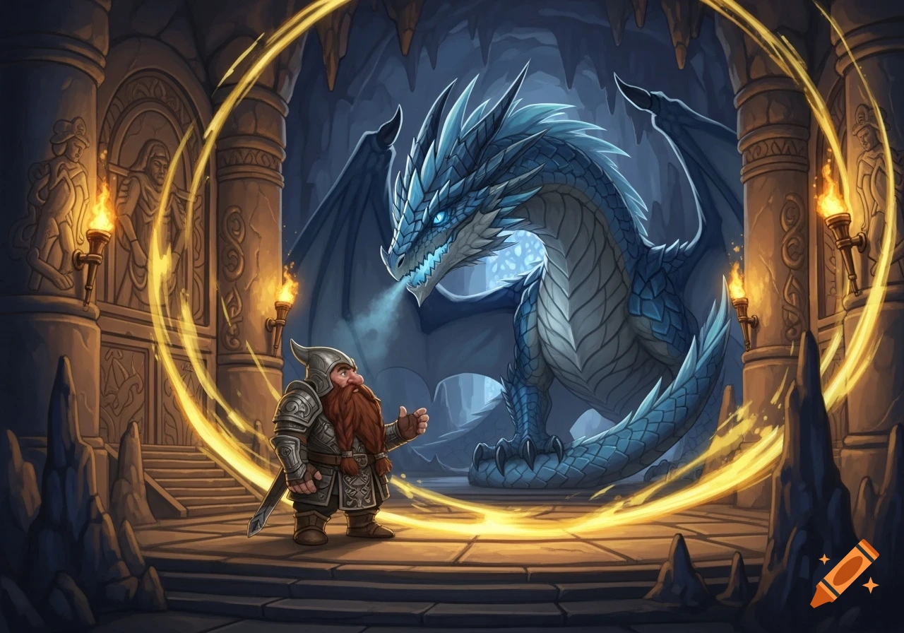 A dwarf in armor with a red beard gestures towards a large blue dragon breathing mist in a torchlit cave, fantasy art style.