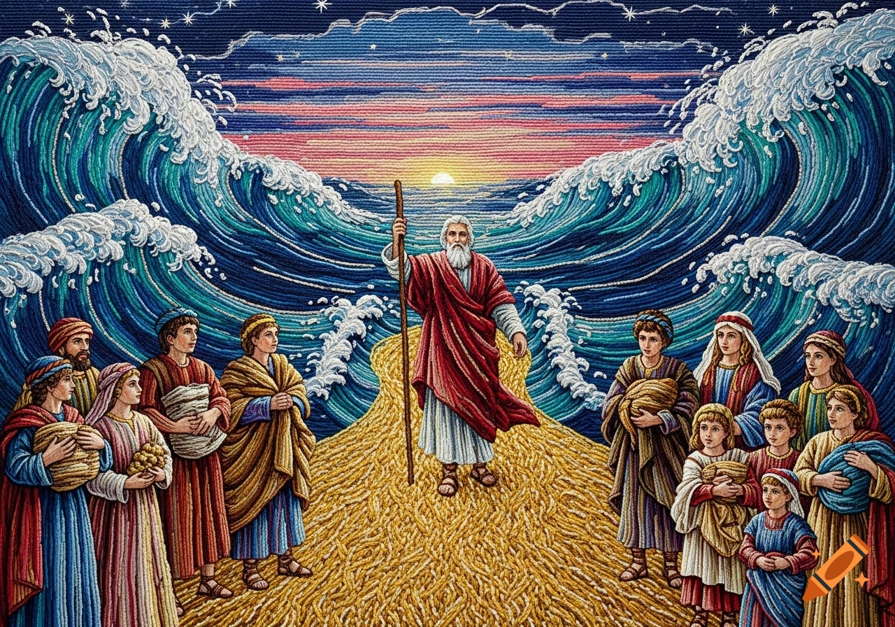 Tapestry of Moses parting the Red Sea, standing on a golden path with a staff, while his people gather on either side.