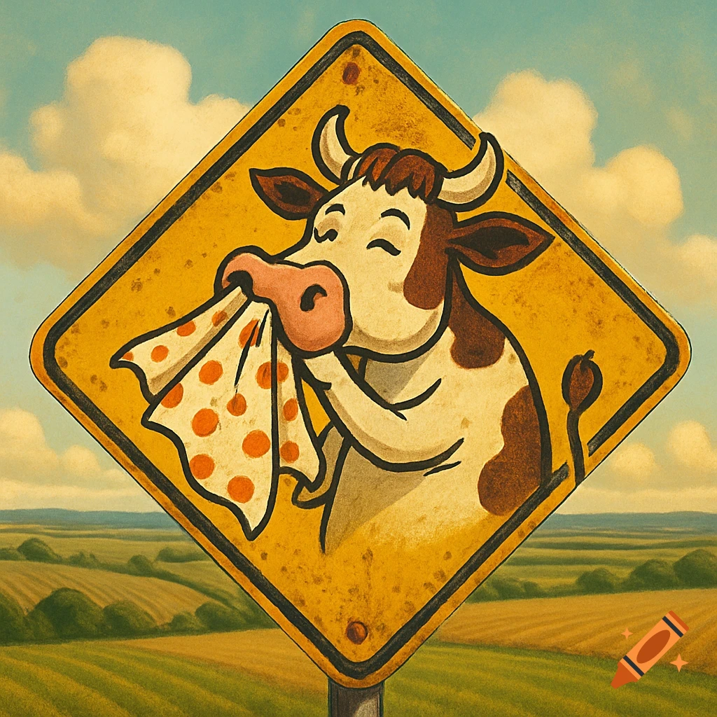 A cartoon cow on a rusty yellow diamond-shaped road sign, blowing its nose into a polka-dotted handkerchief against a rural landscape.