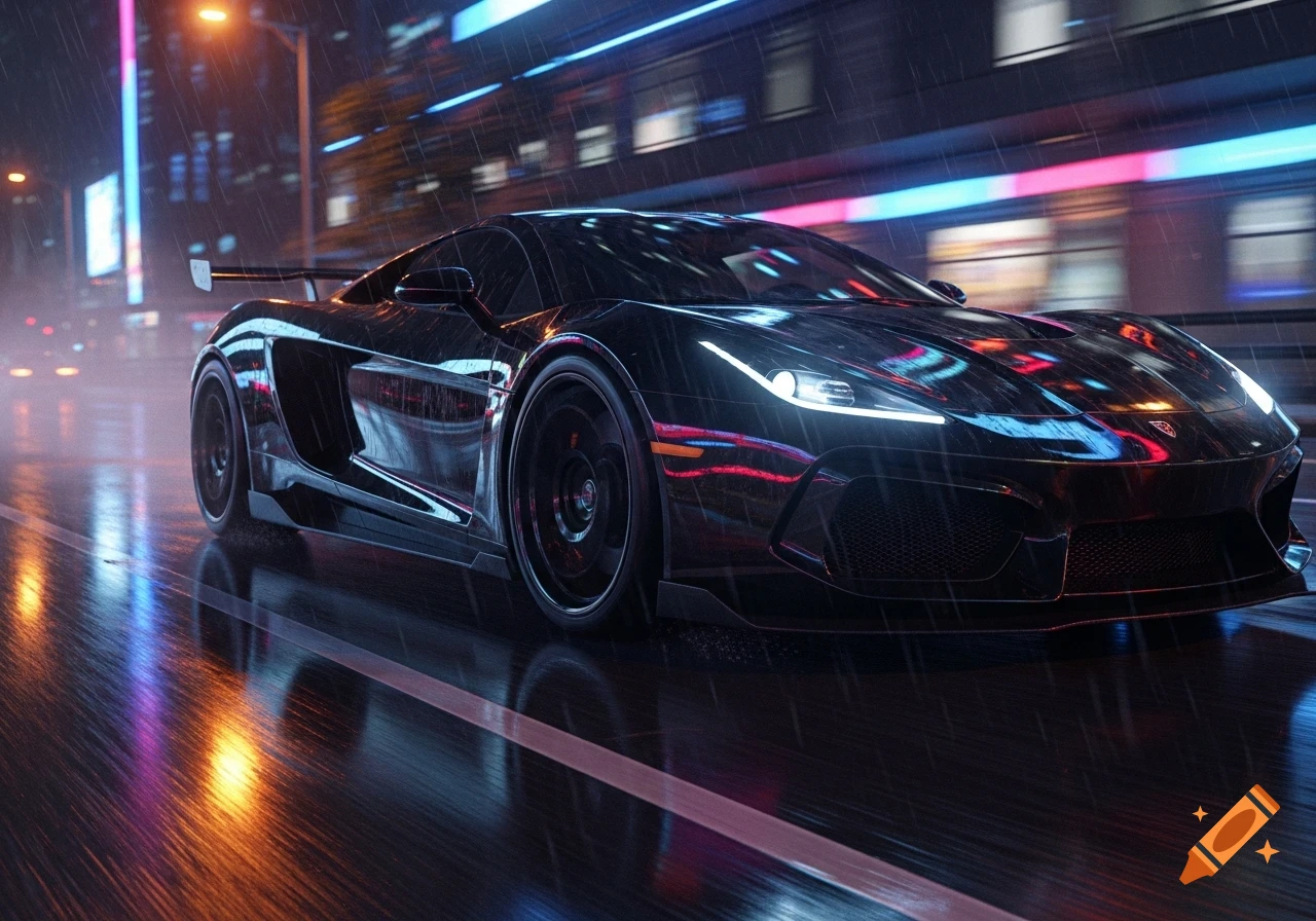 A sleek black sports car with glowing headlights drives on a wet city street at night, reflecting vibrant neon lights.