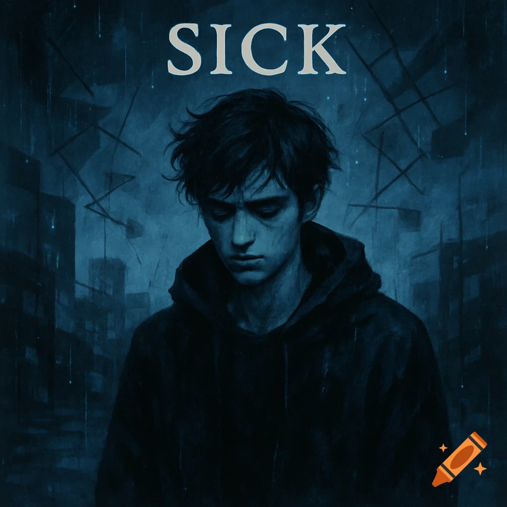 Illustration of a sad young man in a black hoodie, looking down, against a dark blue, rainy background. The word 'SICK' is at the top.