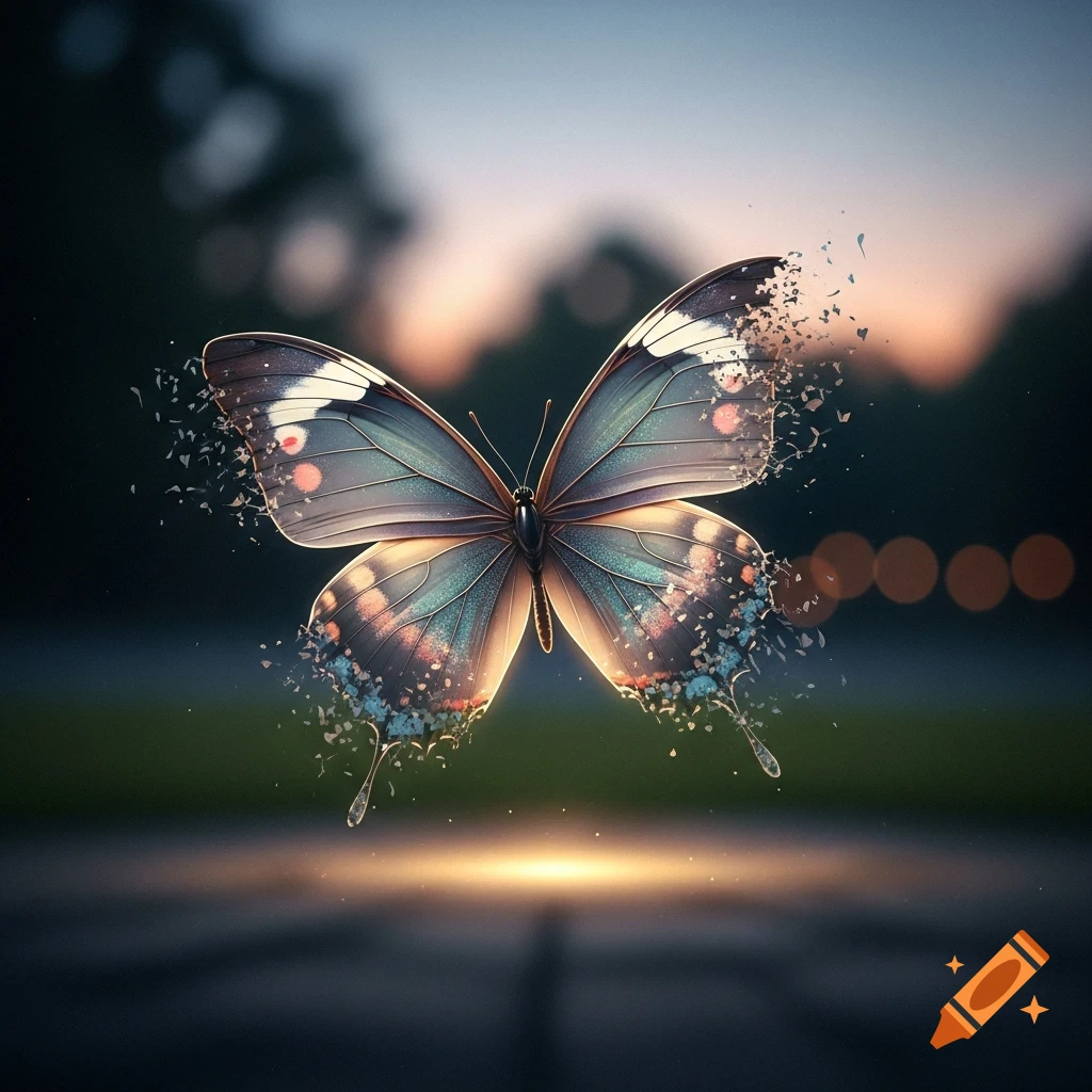 A disintegrating butterfly with glowing, colorful wings hovers over a light source in a soft, blurred outdoor setting.