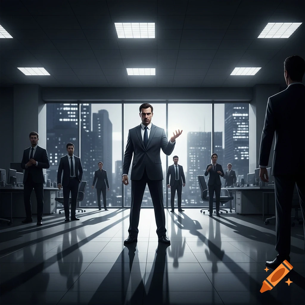 A serious man in a dark suit stands centrally in a modern office, surrounded by other men in suits, overlooking a city skyline at night.