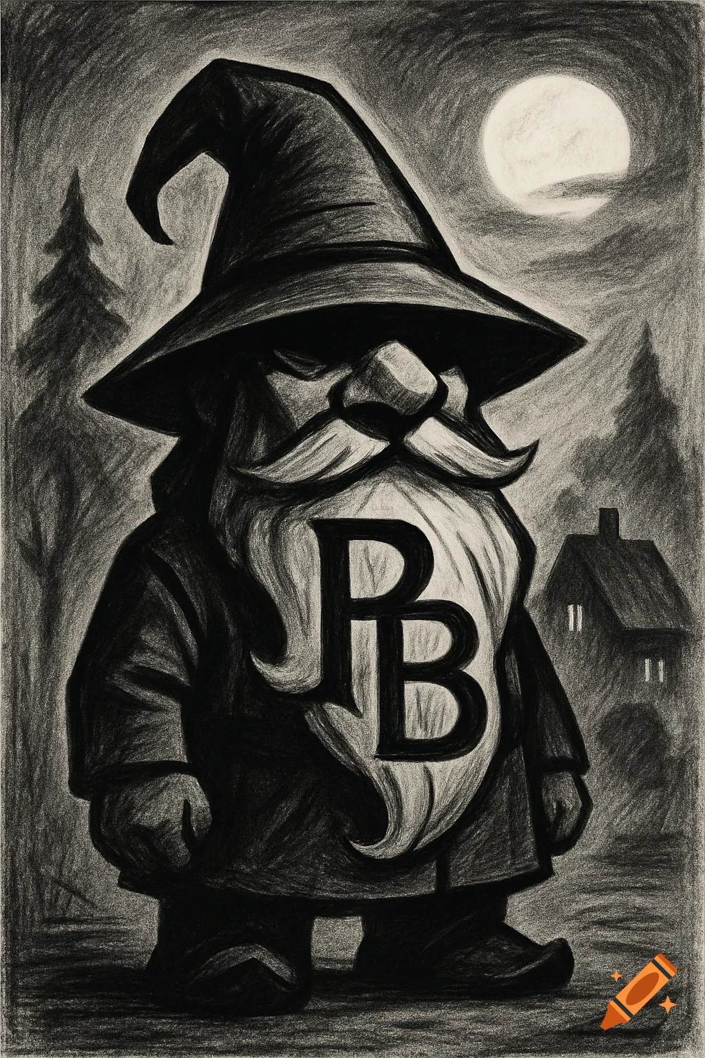 A black and white charcoal drawing of a stylized gnome in a wizard hat with a large beard, standing under a full moon.