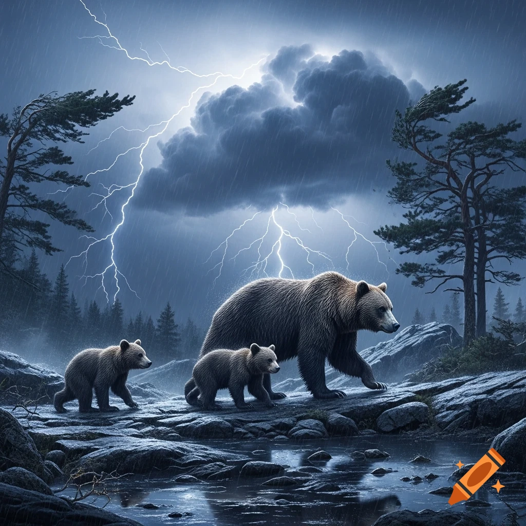A mother bear and two cubs walk across a rocky landscape under a stormy sky with lightning and heavy rain.
