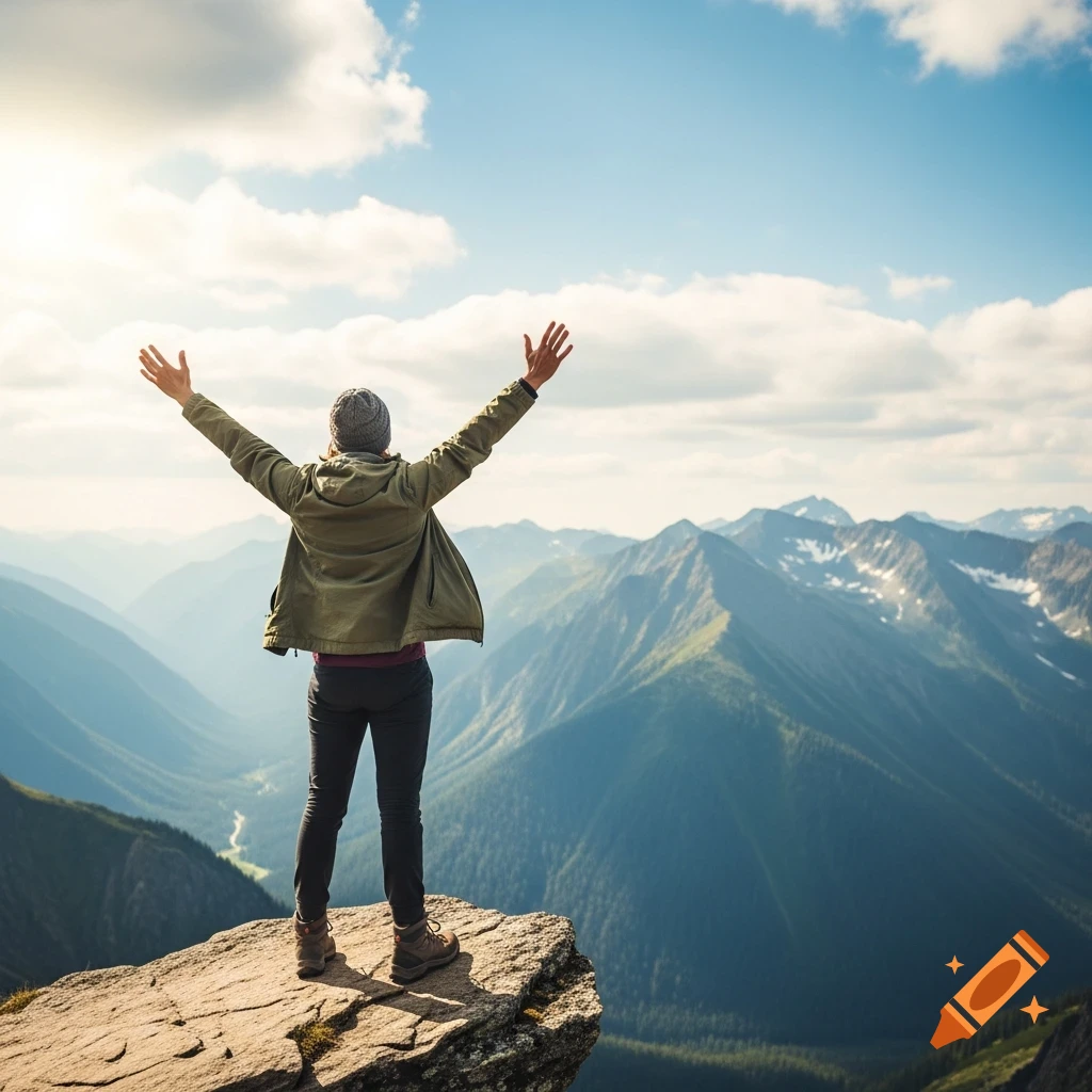 Rear view of a person with raised arms standing on a mountain peak, overlooking vast valleys and majestic mountains.