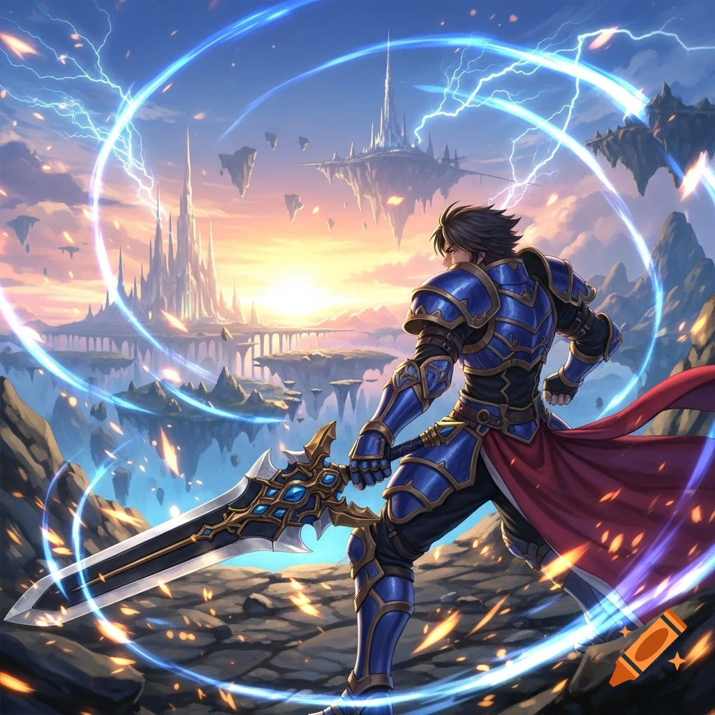 An anime-style warrior in blue armor with a large sword stands in a fantasy landscape with floating castles and lightning at sunset.