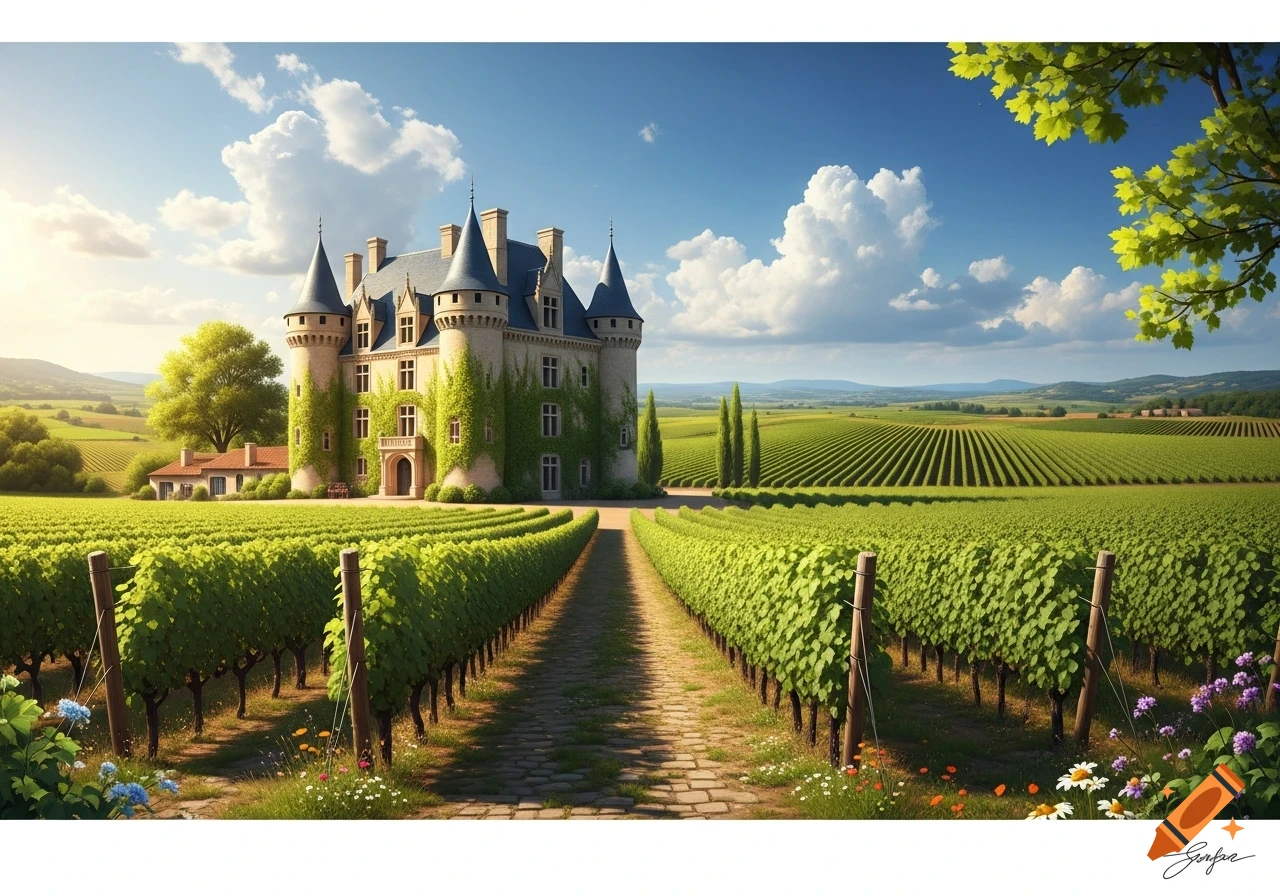 A grand chateau covered in ivy stands amidst lush green vineyards under a bright blue sky with fluffy clouds.
