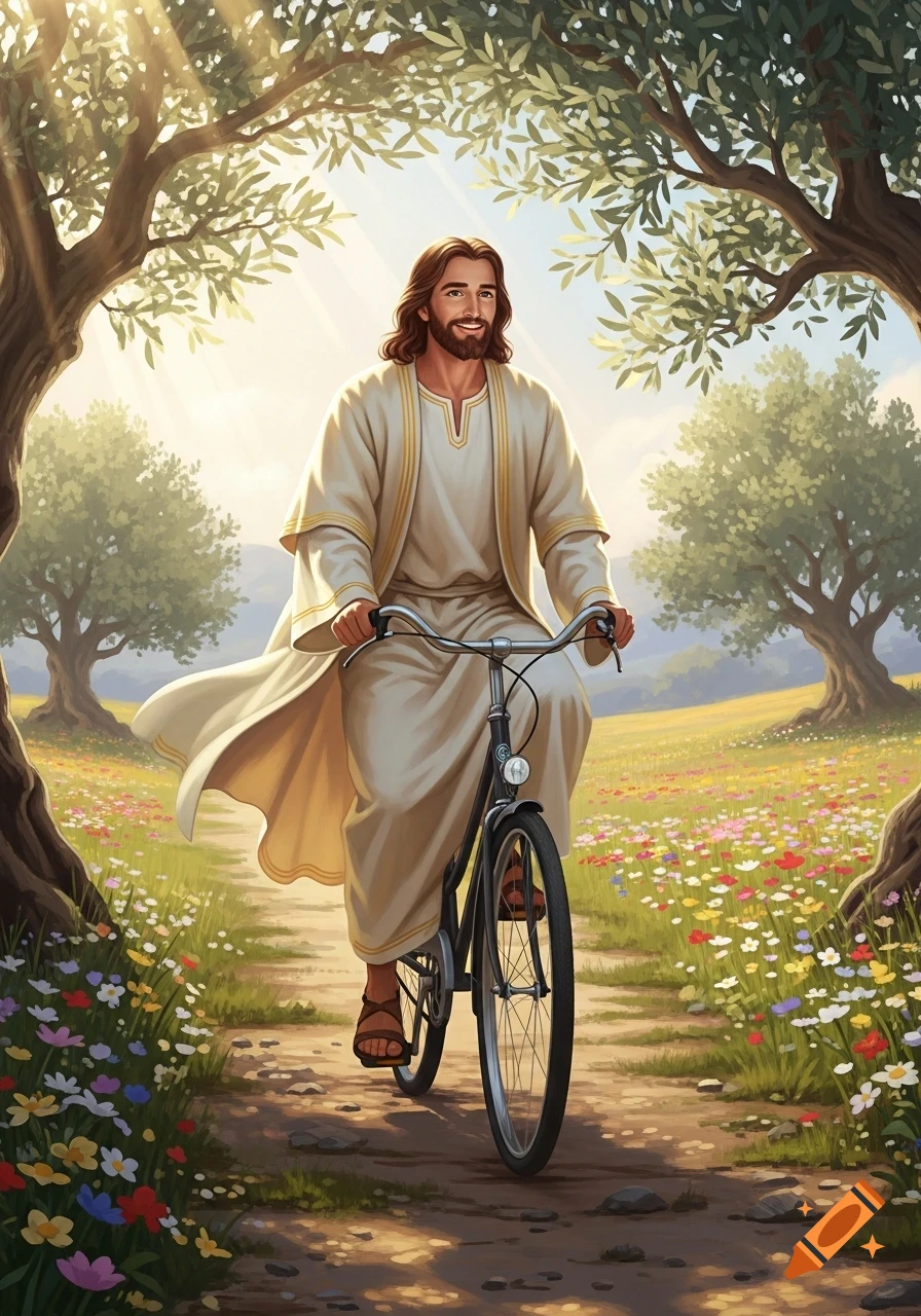 An illustration of Jesus riding a bicycle on a dirt path through a sunny, flowery field, framed by trees.