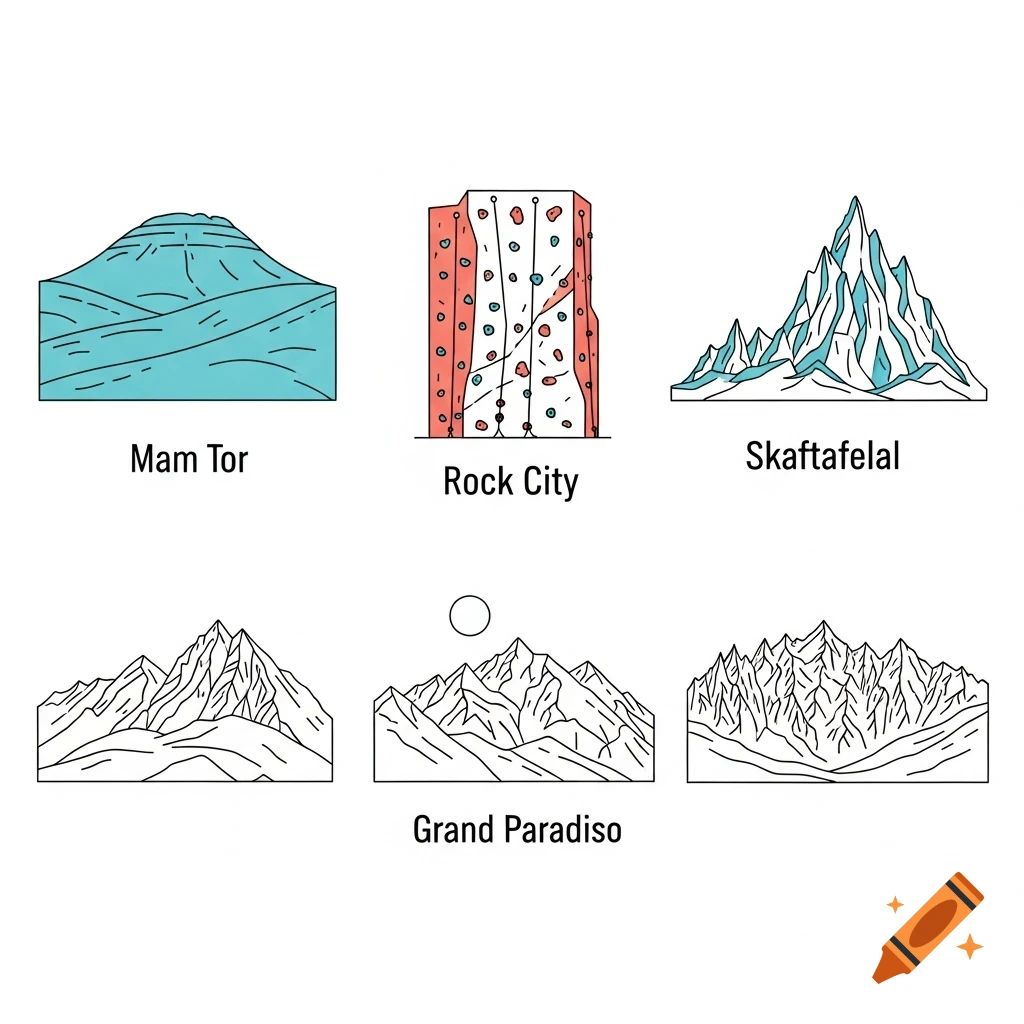 Line art illustrations of Mam Tor, a rock climbing wall, Skaftafell, and Grand Paradiso mountains, with text labels.