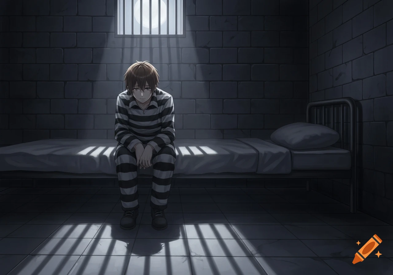 A sad anime man with brown hair wearing a striped uniform sits on a bed in a dimly lit prison cell.