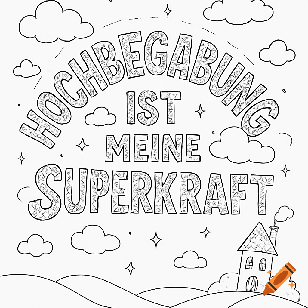A black and white coloring page with the German text "HOCHBEGABUNG IST MEINE SUPERKRAFT" (Giftedness is my superpower), surrounded by clouds, stars, and a small house.