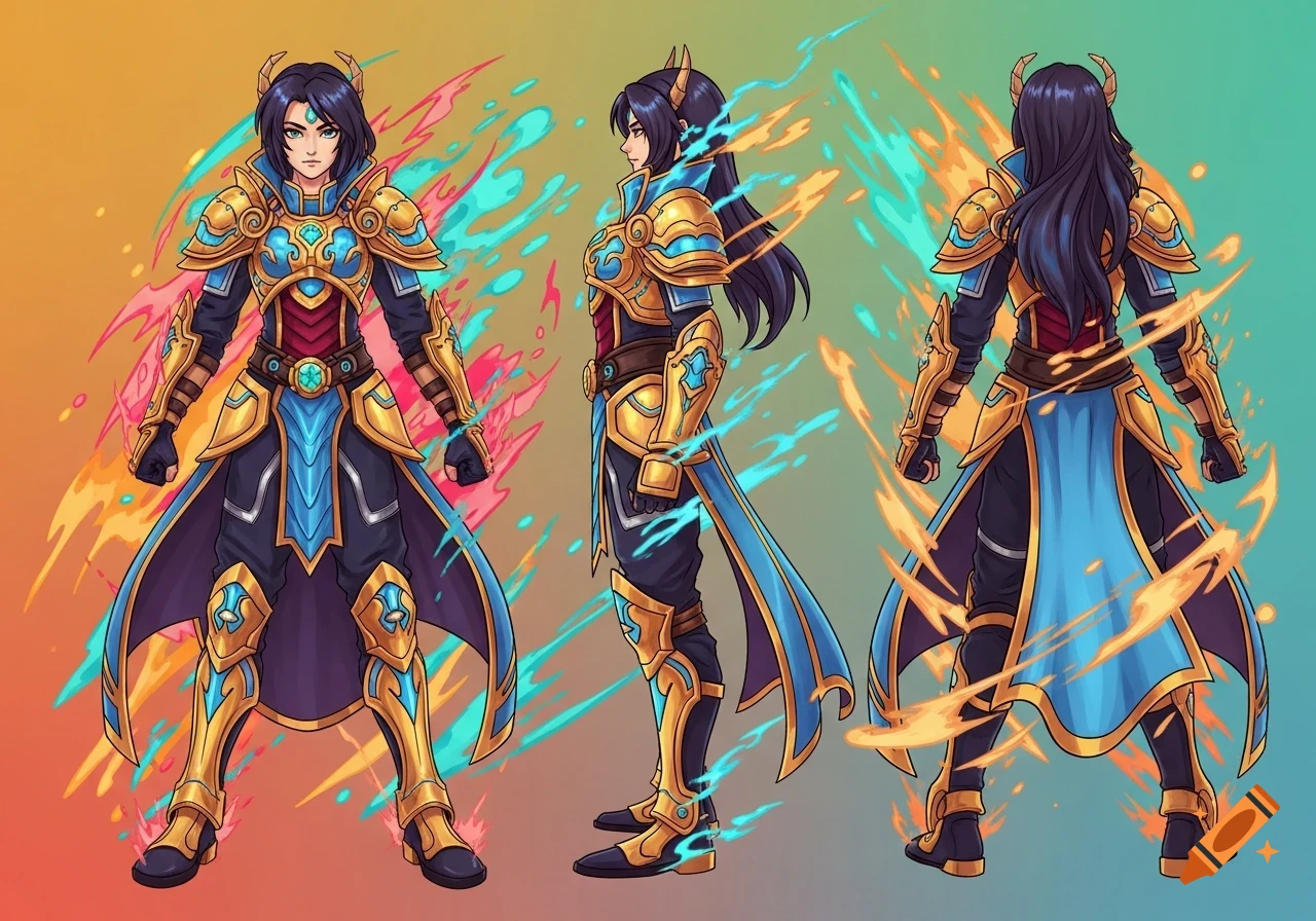 2D hand-drawn fantasy game character in golden and blue armor, shown from front, side, and back views against a colorful background.