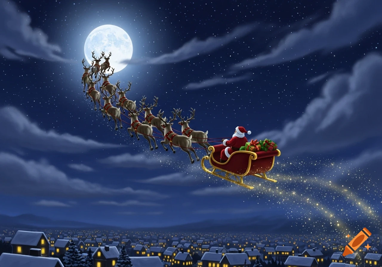 Santa in his sleigh pulled by a team of reindeer flies across a starry ...