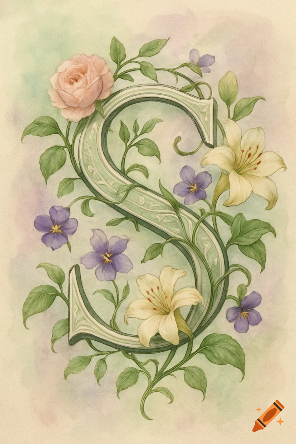 Decorative letter S, adorned with a pink rose, yellow lilies, and purple violets, entwined with green vines in a watercolor style.