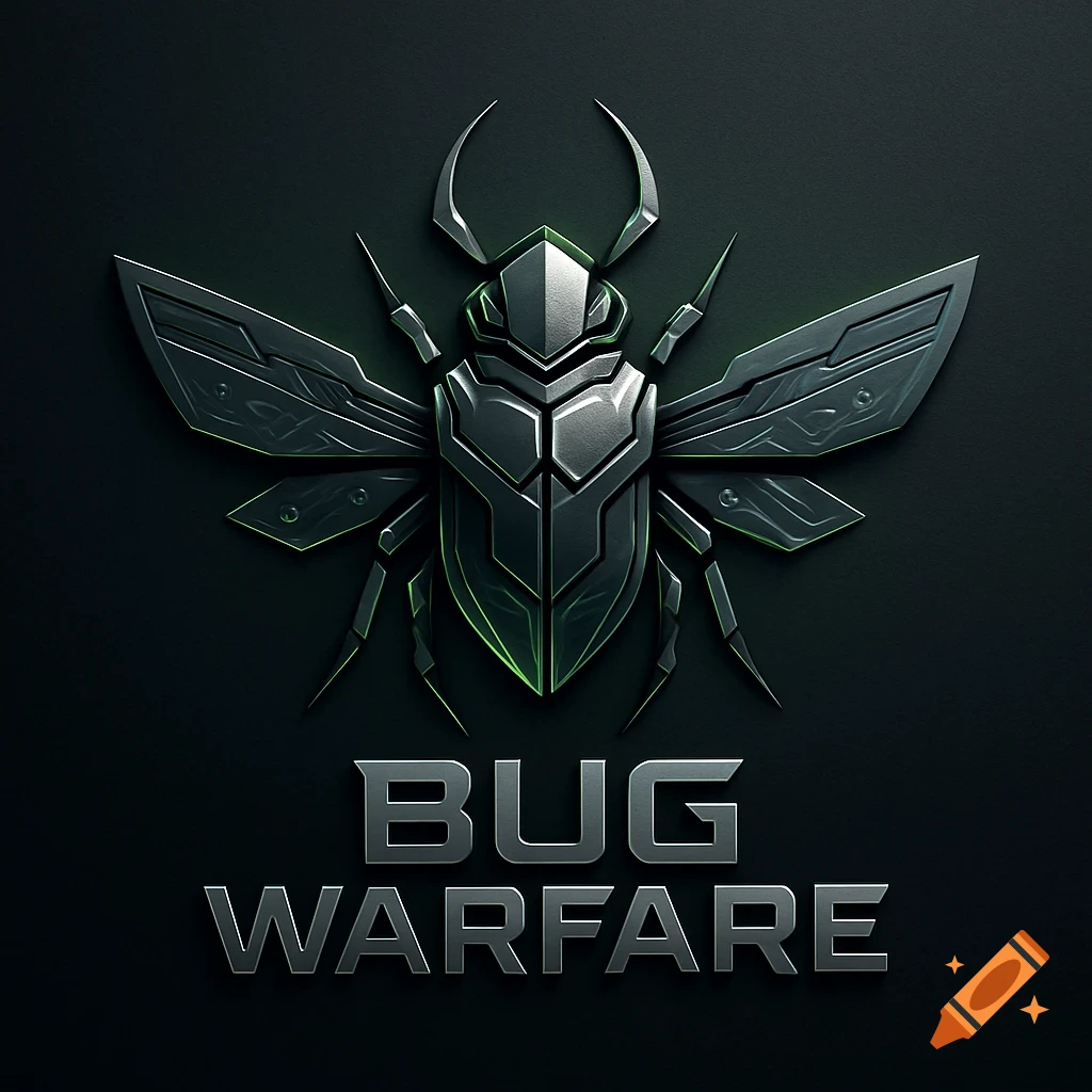 Metallic, stylized beetle logo with green accents and the text 'BUG WARFARE' on a dark background.