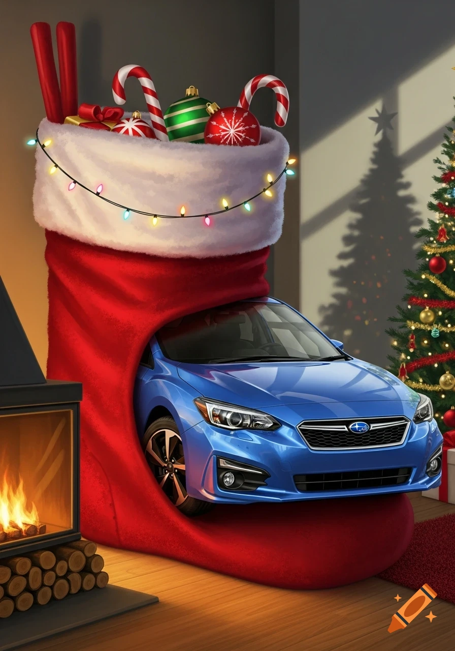 A blue Subaru Impreza emerges from a giant Christmas stocking, surrounded by festive ornaments, a fireplace, and a Christmas tree, in an illustrative style.