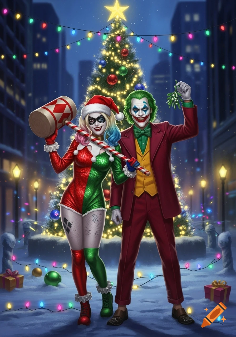 Comic art of Harley Quinn holding a candy cane mallet and Joker holding mistletoe, standing in front of a lit Christmas tree in a snowy city street at night.