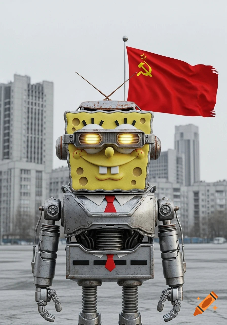 A photorealistic robot Spongebob with glowing eyes and a red tie stands in a city square, with a Soviet flag flying behind him.