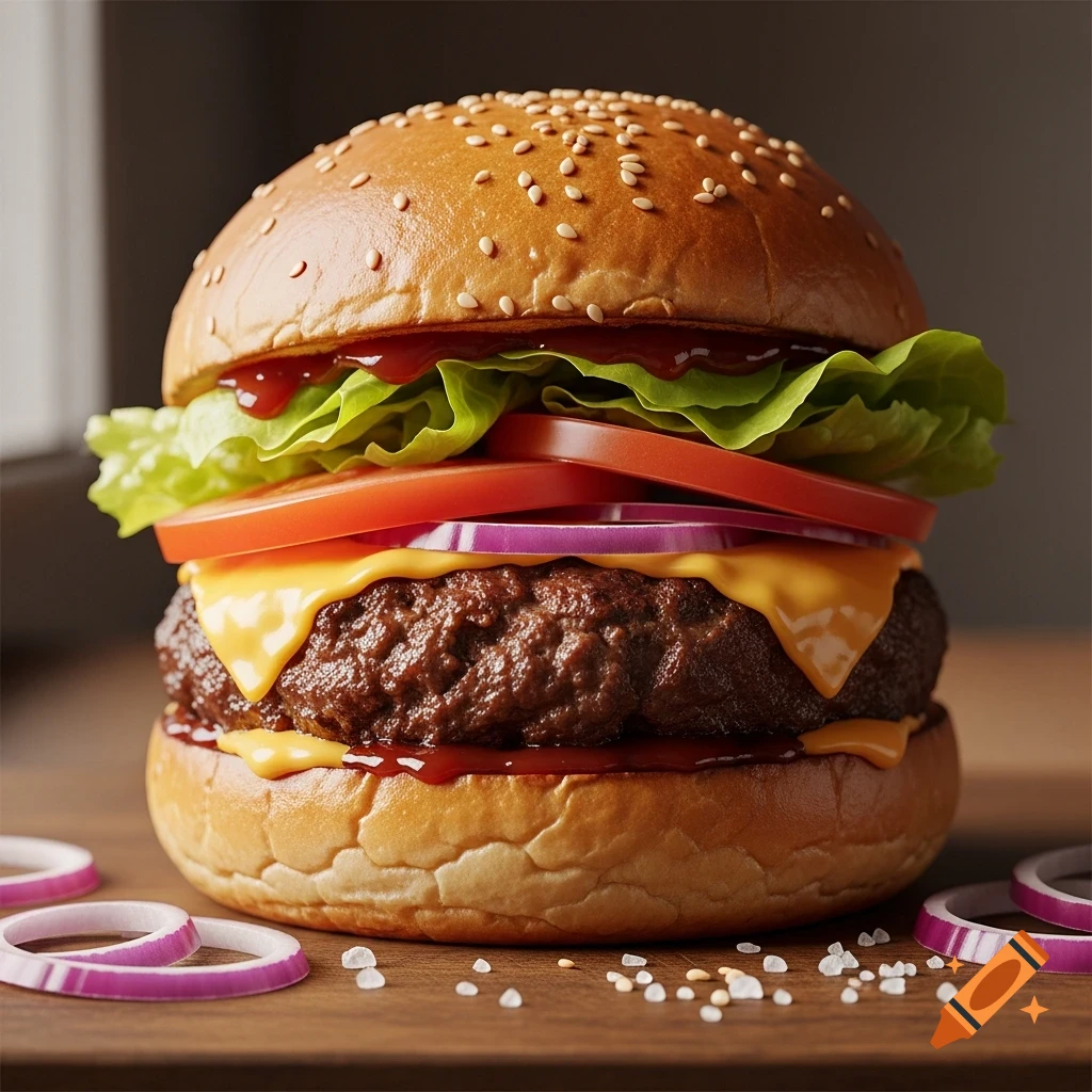 A close-up, photorealistic image of a hamburger with lettuce, tomato, red onion, melted cheese, and ketchup on a sesame seed bun, resting on a wooden surface with scattered salt and onion rings.