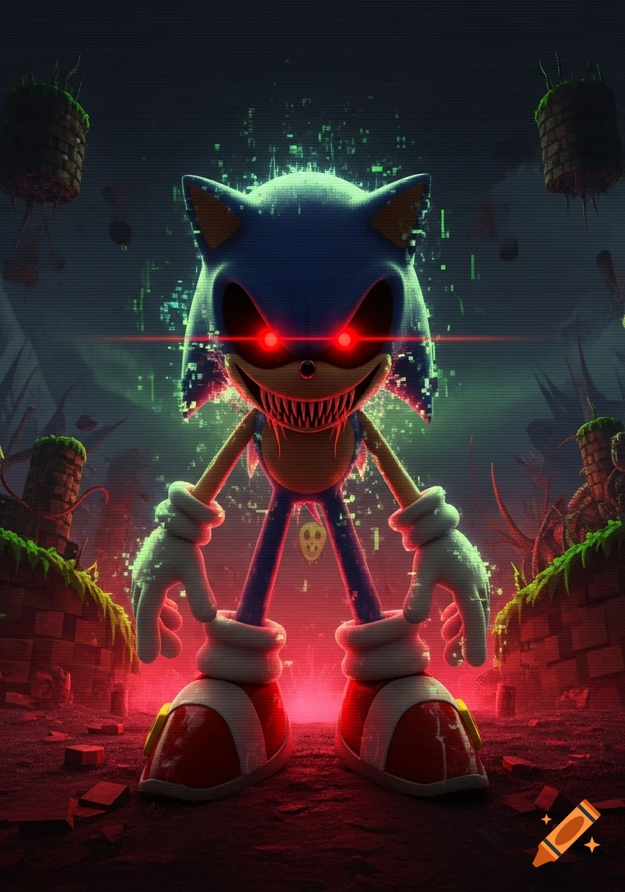 A creepy, glitched Sonic.EXE with glowing red eyes and sharp teeth stands in a dark, ominous landscape with red lighting.