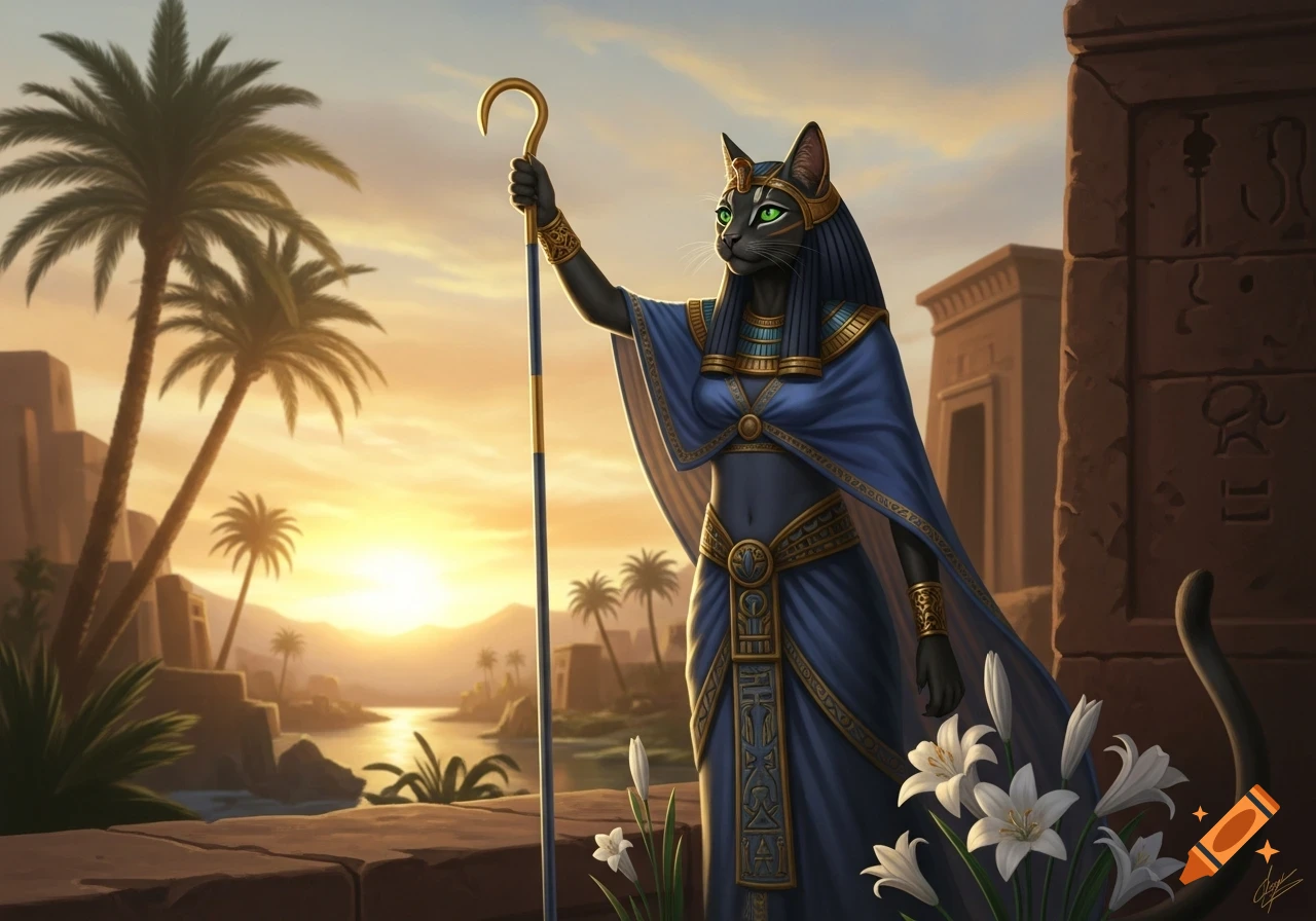 A majestic black cat-headed deity, Bastet, with glowing green eyes, stands in ancient Egyptian attire holding a staff, against a vibrant sunrise over a river and palm trees.