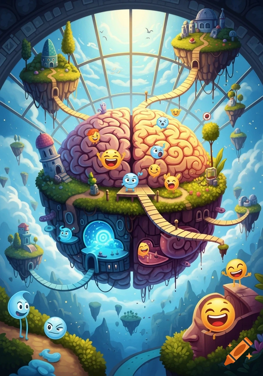 Whimsical illustration of a brain as a vibrant world with floating islands, emojis, and structures, seen through an arched window.