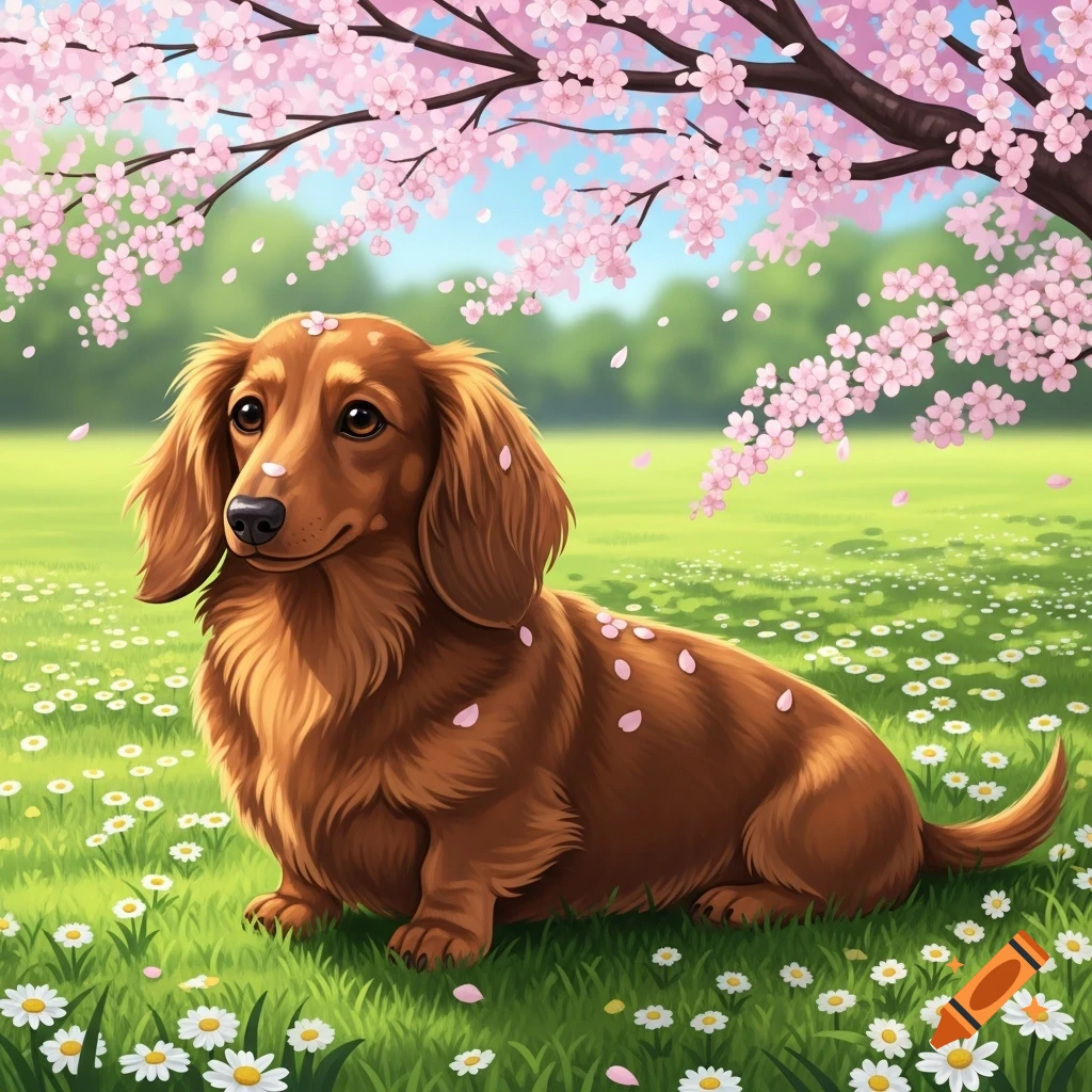 A fluffy brown dachshund sits in a field of white flowers under a cherry blossom tree, with pink petals falling.