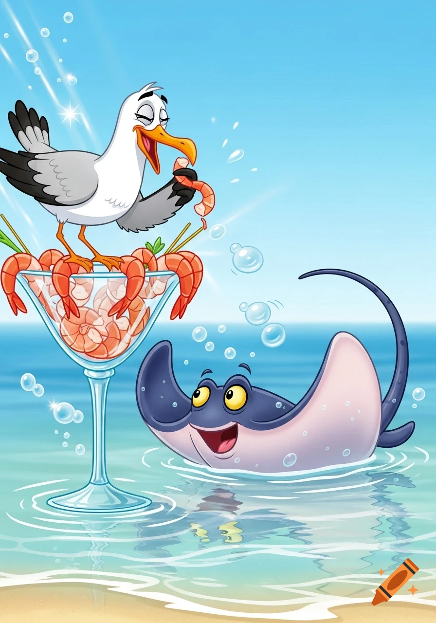 A happy cartoon seagull eats shrimp from a large cocktail glass on a beach, while a smiling cartoon stingray swims in the shallow water.