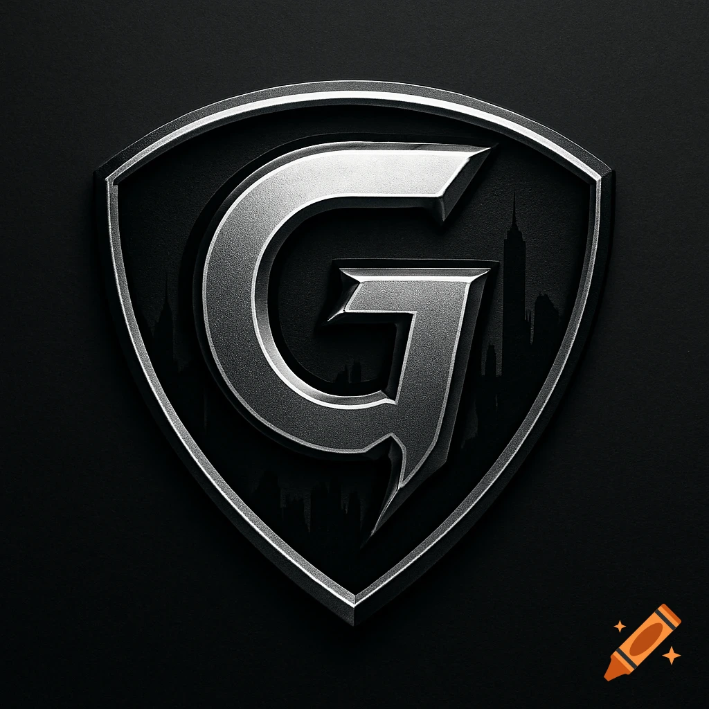 A sleek, silver metallic letter G emblem within a dark shield, featuring a subtle cityscape silhouette in the background.