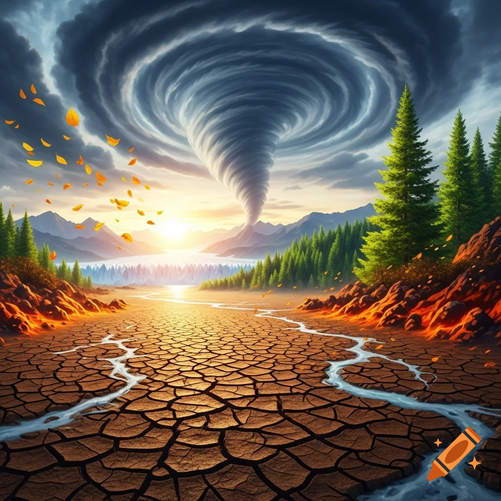 A large tornado swirls in a dramatic sky over cracked, dry land with small streams, flanked by mountains and green trees at sunset.