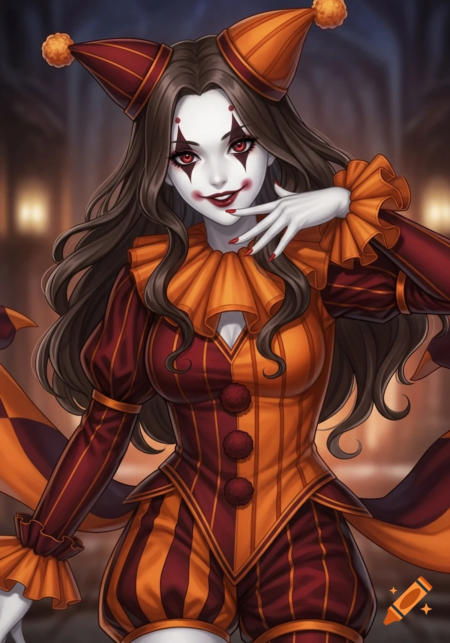 A smiling woman with pale skin and dark hair wears a red and orange clown outfit with ruffled collars and pointed hats.