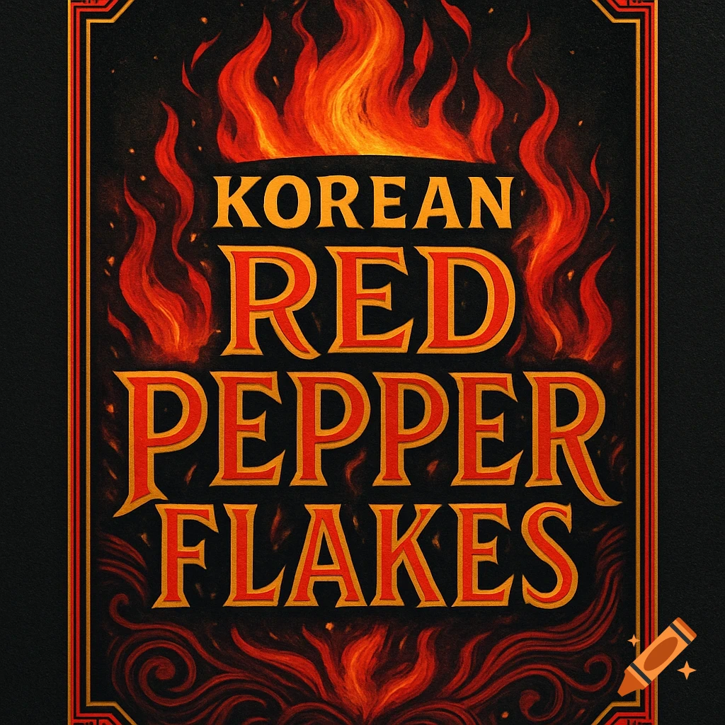 A dark label for Korean Red Pepper Flakes with stylized red and orange flames.