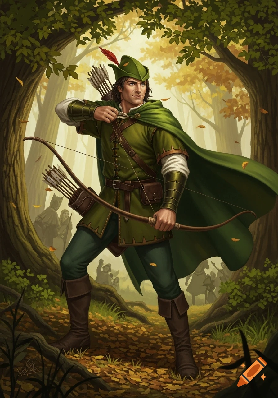 A man dressed as Robin Hood, in green, stands in an autumn forest holding a bow and arrow.