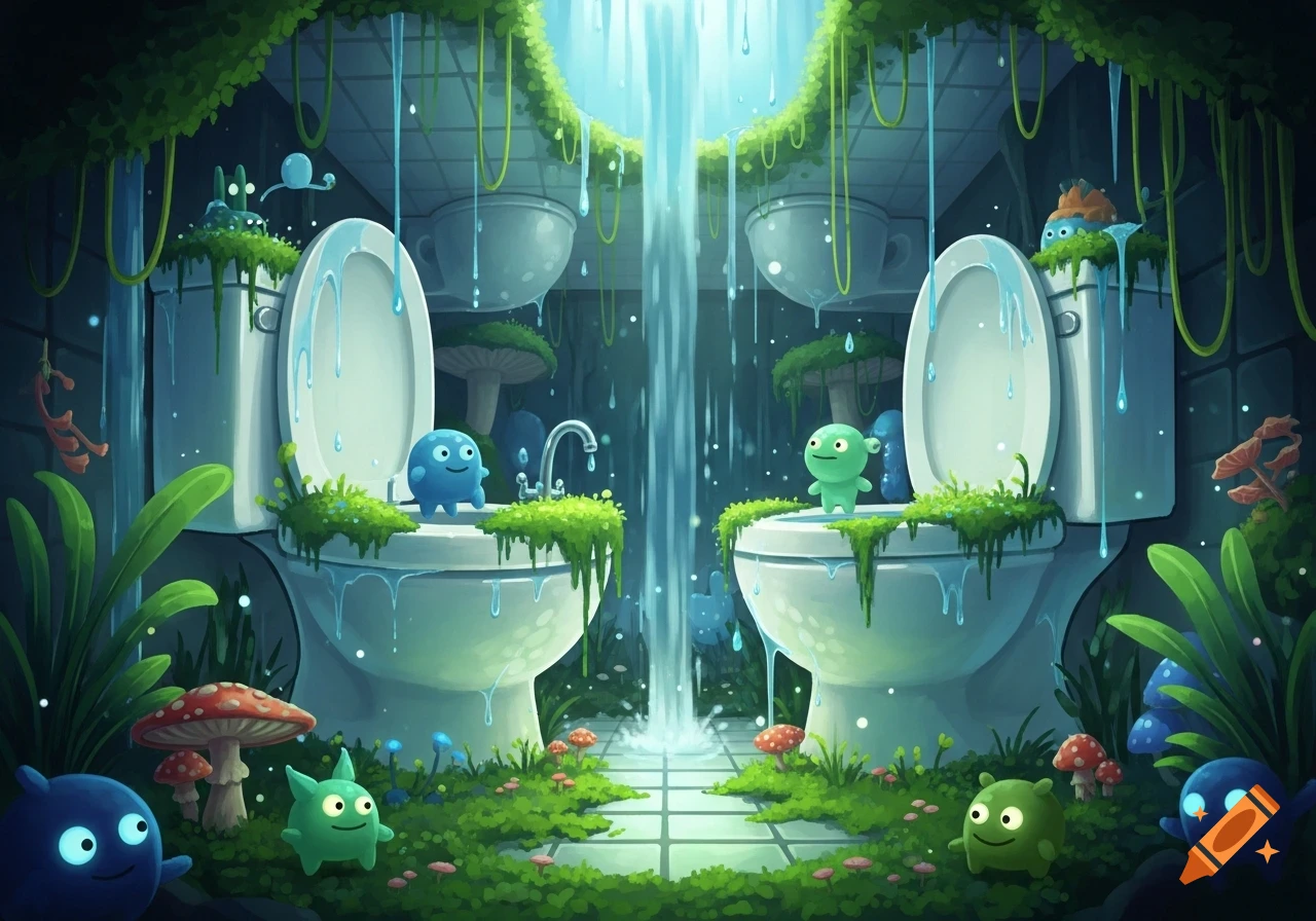 A whimsical fantasy illustration of a toilet biome with two mossy toilets, a waterfall, glowing mushrooms, and cute alien-like creatures.