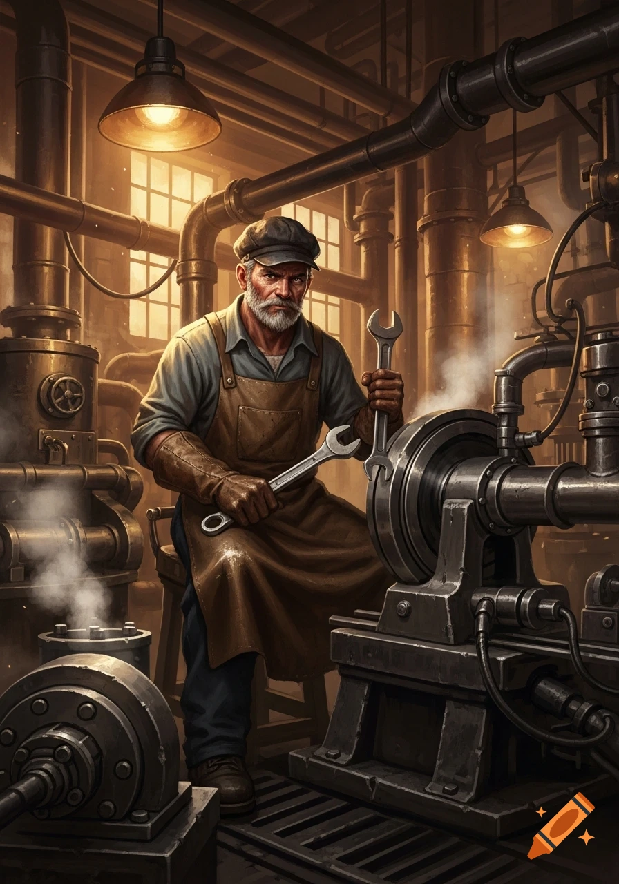 A serious bearded mechanic in a cap and leather apron holds two wrenches in a detailed, busy steampunk-style factory filled with pipes and machinery, with glowing lights overhead.