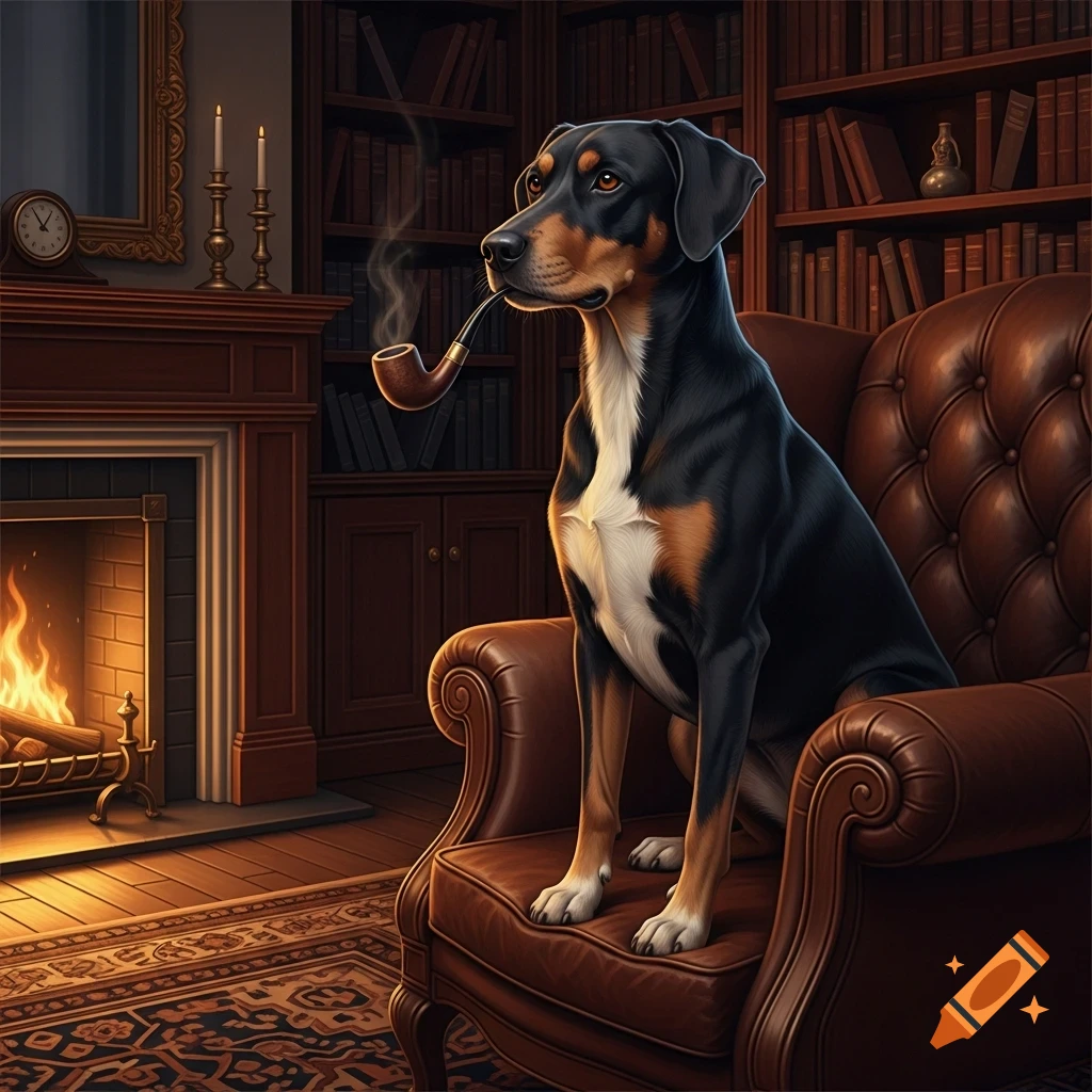 A black and tan dog sits on a leather armchair, smoking a pipe, in a cozy wood-paneled study with a fireplace and bookshelves.